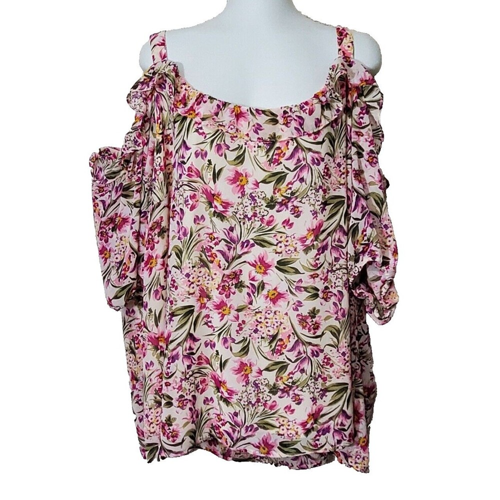 Lane Bryant Top Womens Plus 28 Ivory Floral Cold Shoulder Blouse Lined Chiffon